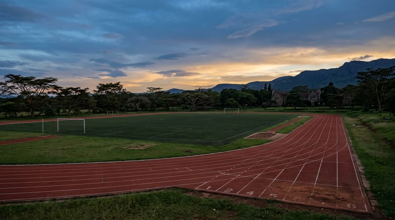 Wide environmental landscape photograph of an African university sports campus running track at dusk with natural mountain horizon